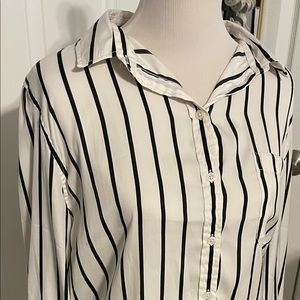 Black and white striped blouse with collar and tie bottom
